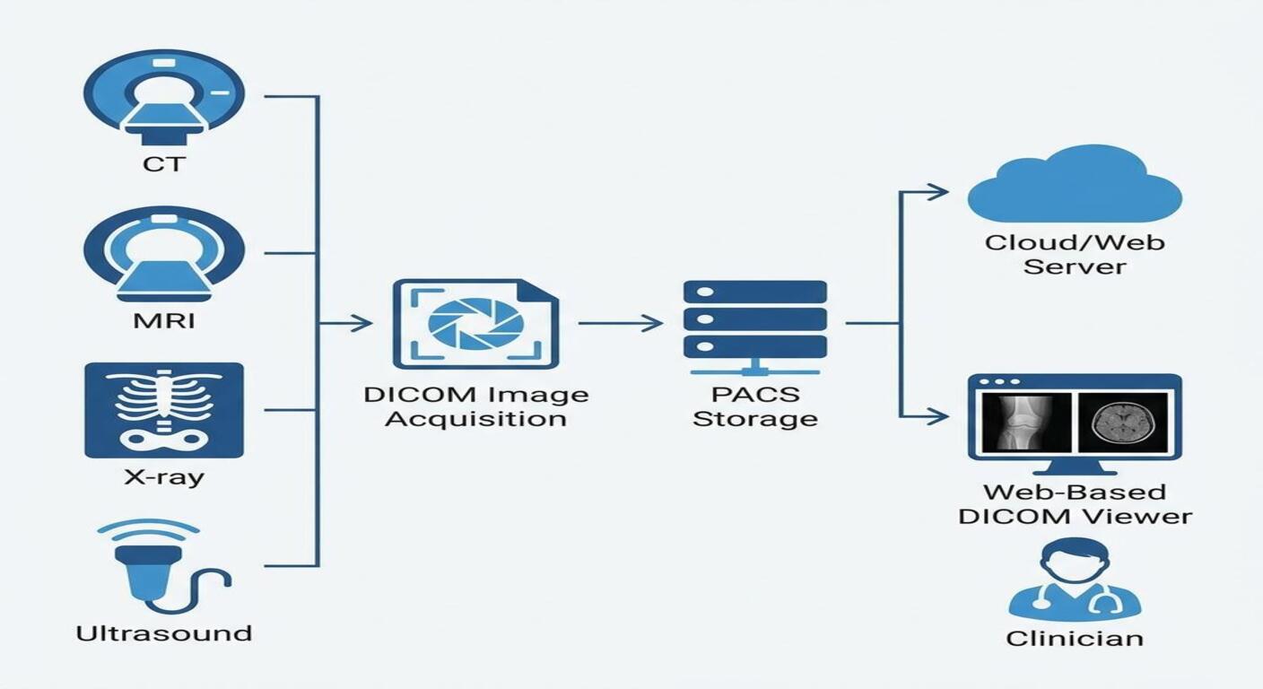 DICOM viewer workflow diagram showing imaging modalities, PACS storage, and web-based viewer access